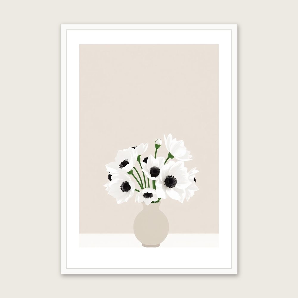 White Anemones Botanical Wall Art - Framed Two Tone Screen Print - White Frame, A3