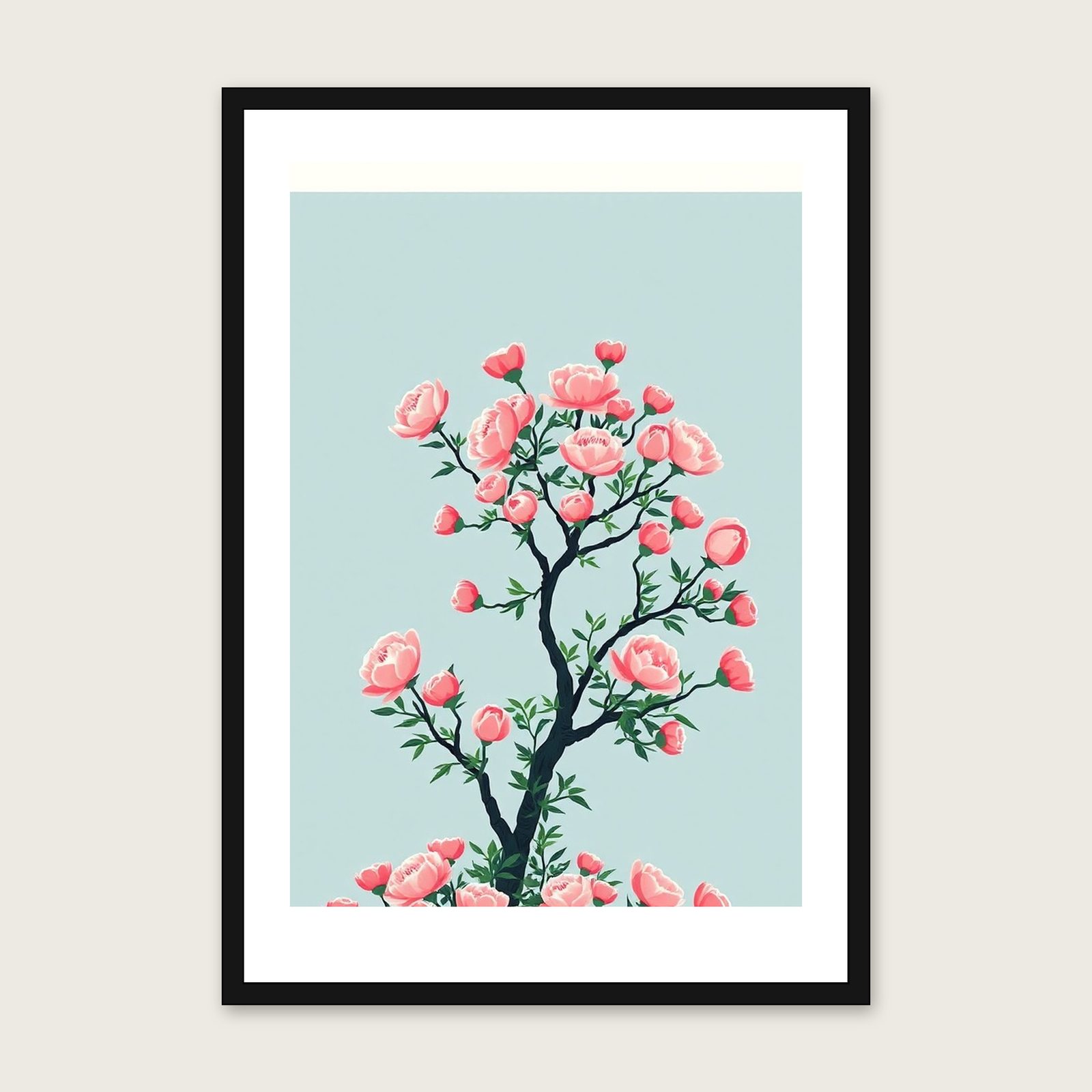 Framed Screen Print of Peony Tree - Two Tone Botanical Wall Art shown in a black frame