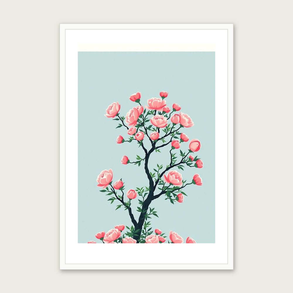 Framed Screen Print of Peony Tree - Two Tone Botanical Wall Art in a white frame