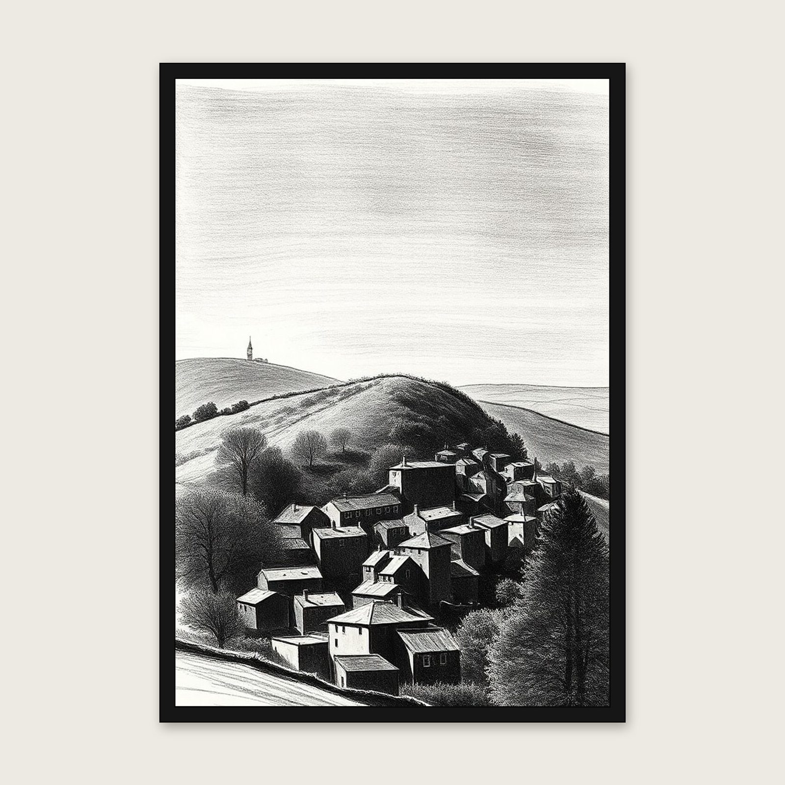 Win Hill Charcoal Print - Framed Black & White Landscape Wall Art shown in a black frame