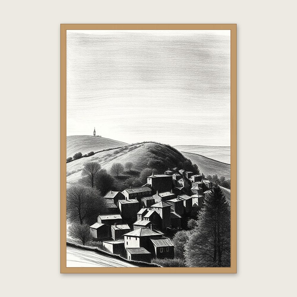 Win Hill Charcoal Print - Framed Black & White Landscape Wall Art in a oak frame