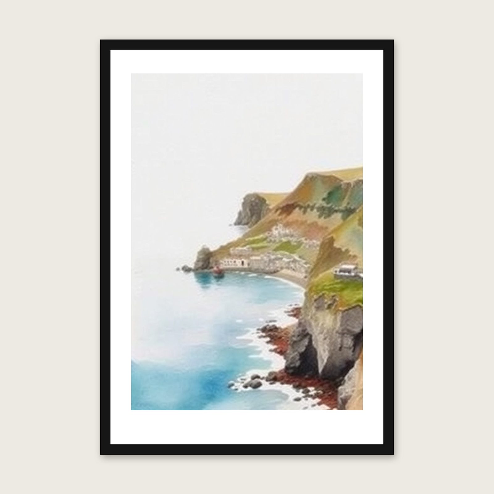 Boscastle Harbour Watercolour Print - Framed Two Tone Landscape Wall Art shown in a black frame