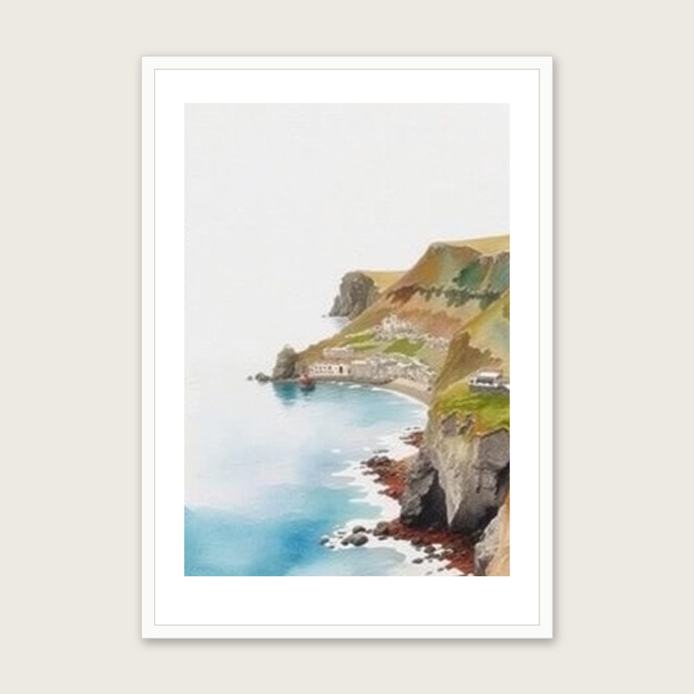 Boscastle Harbour Watercolour Print - Framed Two Tone Landscape Wall Art - White Frame, A3