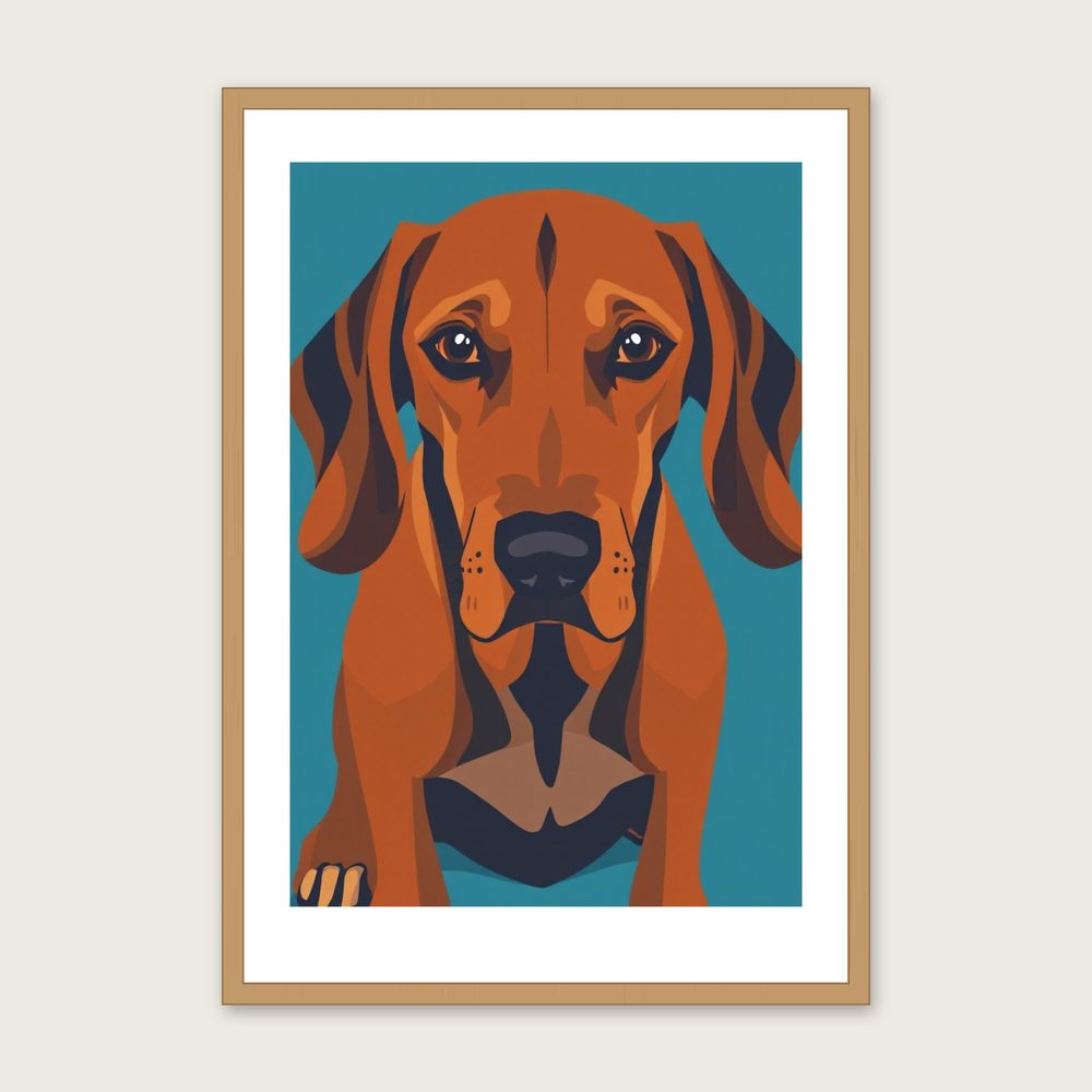 Redbone Coonhound Screen Print - Framed Bold Colour Animal Wall Art in a oak frame