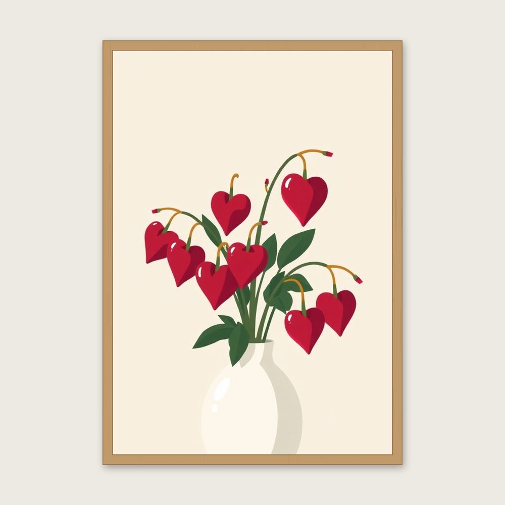 Bleeding Heart Screen Print Wall Art - Framed Two Tone Print in a oak frame