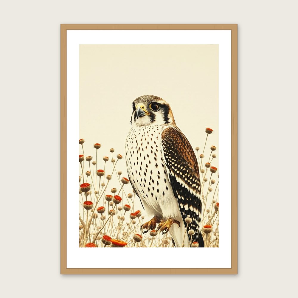 Framed Monotype Print of Peregrine Falcon - Neutral & Beige Animal Wall Art - Oak Frame, A3