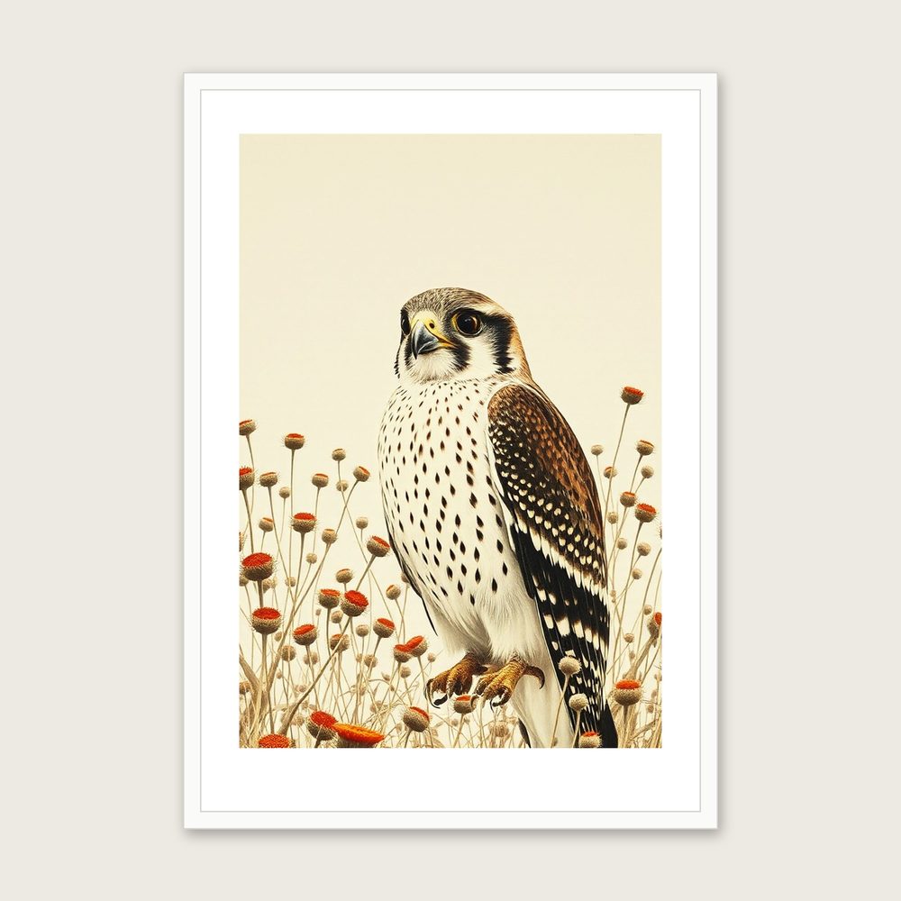 Framed Monotype Print of Peregrine Falcon - Neutral & Beige Animal Wall Art - White Frame, A3