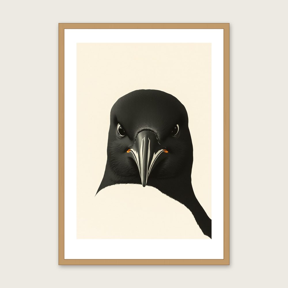 Black Guillemot Monotype Print - Framed Neutral & Beige Animal Wall Art - Oak Frame, A3