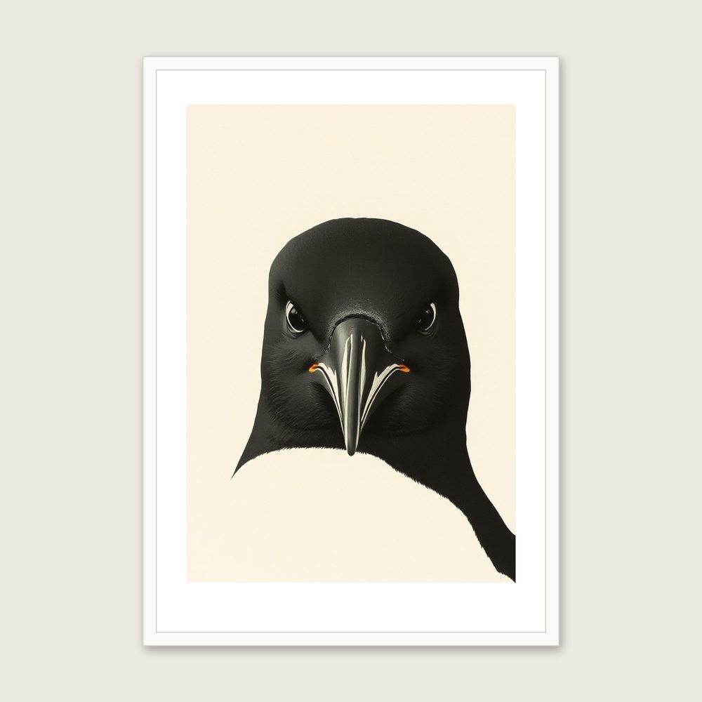 Black Guillemot Monotype Print - Framed Neutral & Beige Animal Wall Art - White Frame, A3