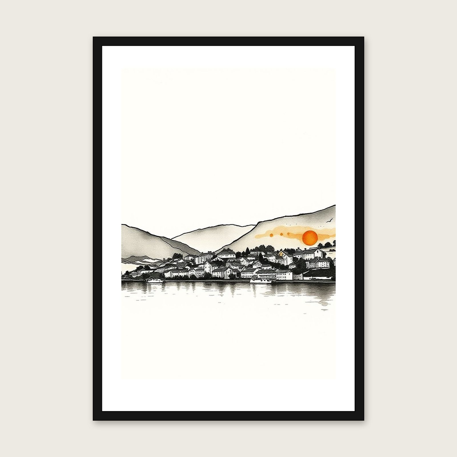 Coniston Water Ink Wash Wall Art - Framed Neutral & Beige Print shown in a black frame