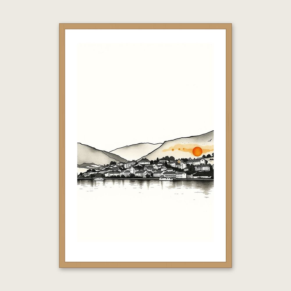 Coniston Water Ink Wash Wall Art - Framed Neutral & Beige Print in a oak frame
