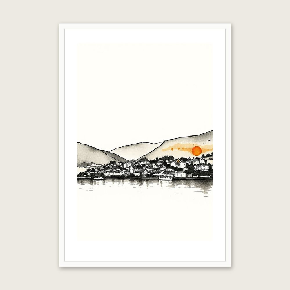 Coniston Water Ink Wash Wall Art - Framed Neutral & Beige Print in a white frame