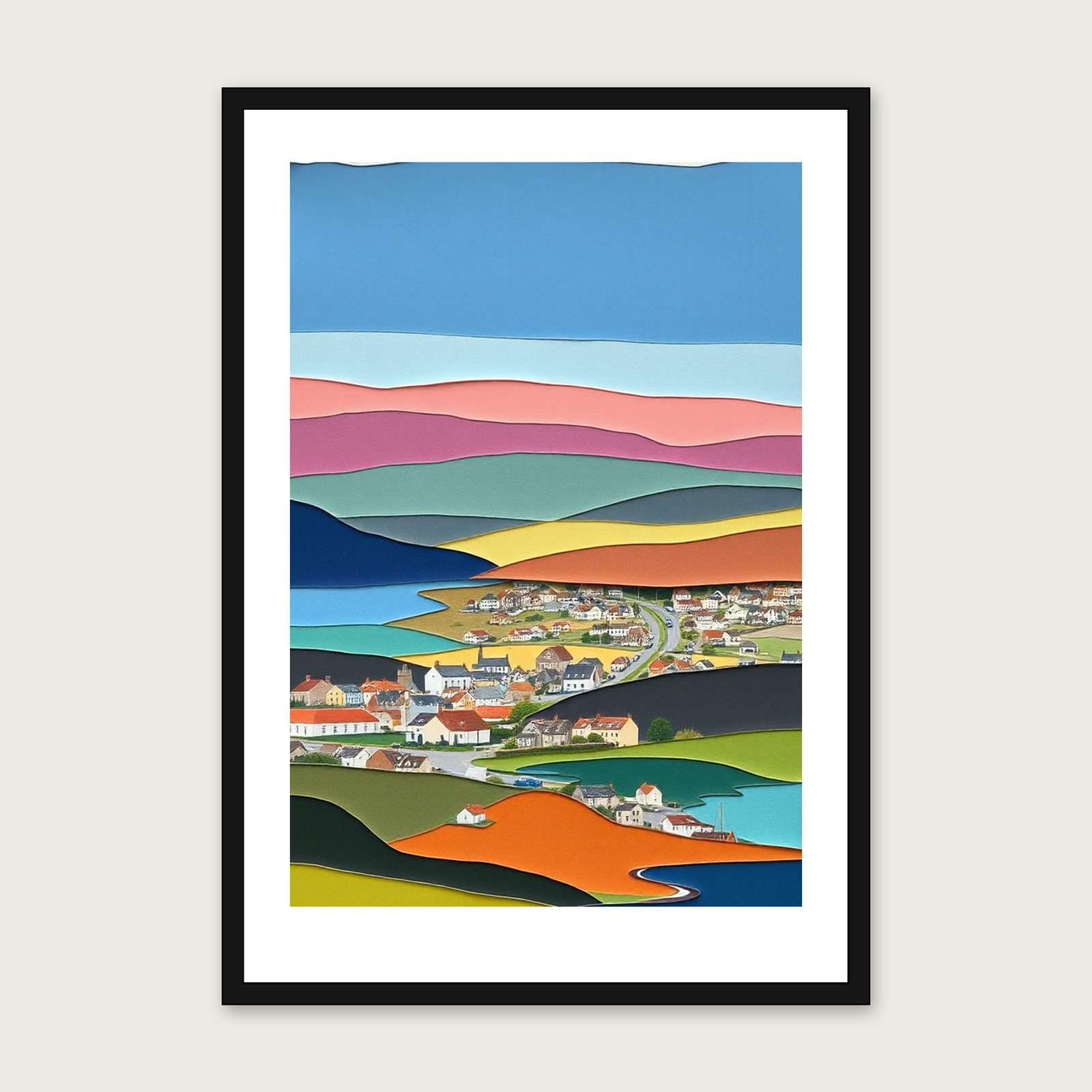 Loch Muick Landscape Wall Art - Framed Colourful Collage Print shown in a black frame