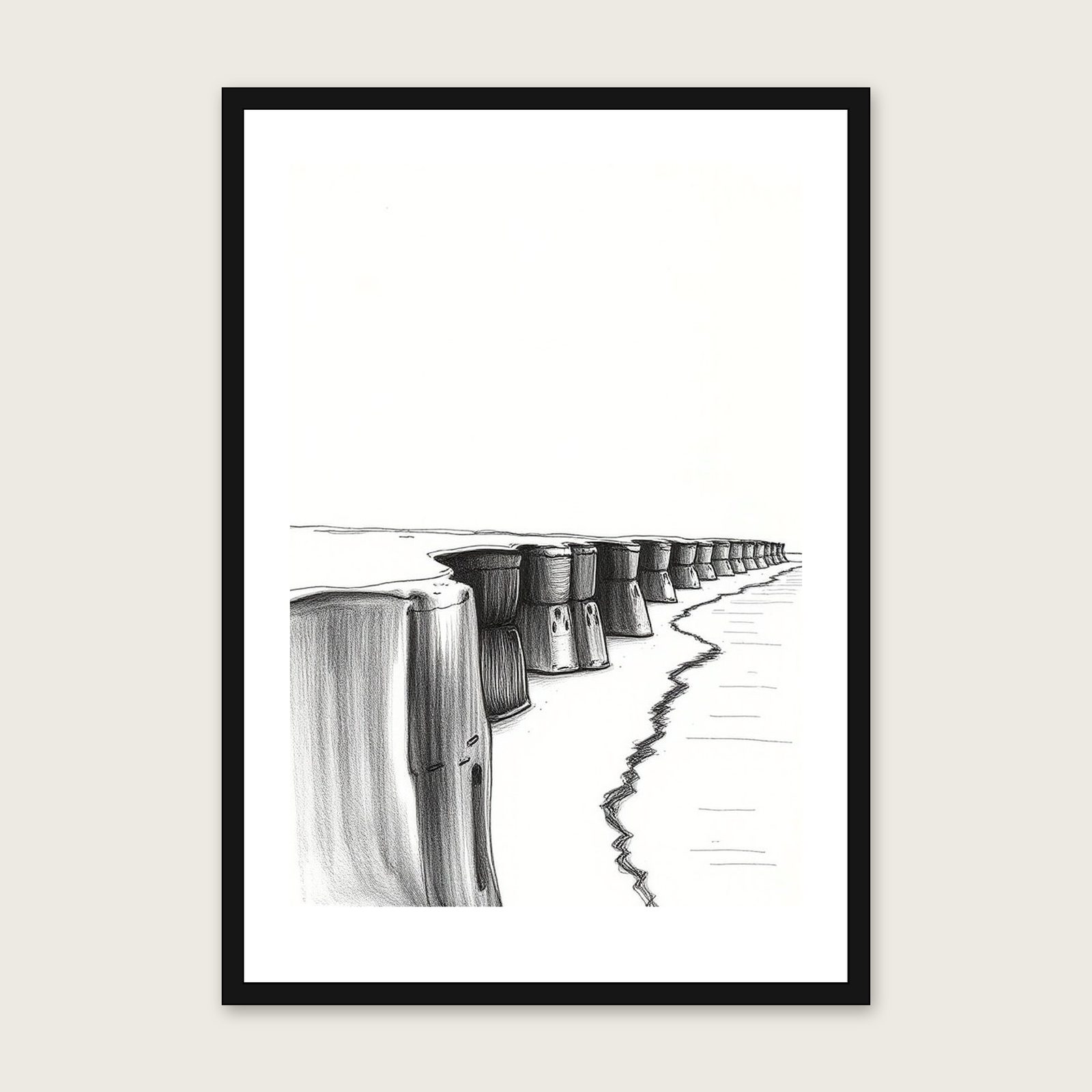 Framed Charcoal Print of Hunstanton Cliffs - Black & White Landscape Wall Art shown in a black frame