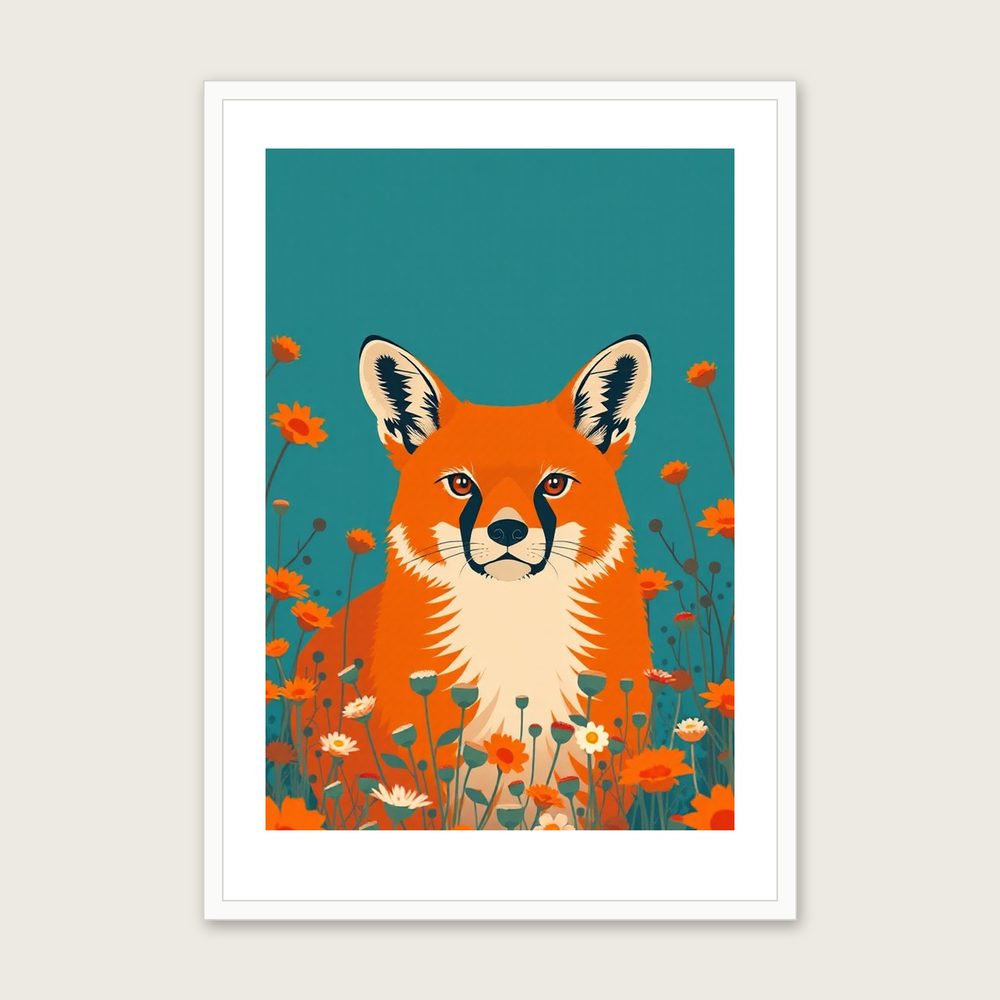 Framed Screen Print of Kishu Ken - Bold Colour Animal Wall Art in a white frame