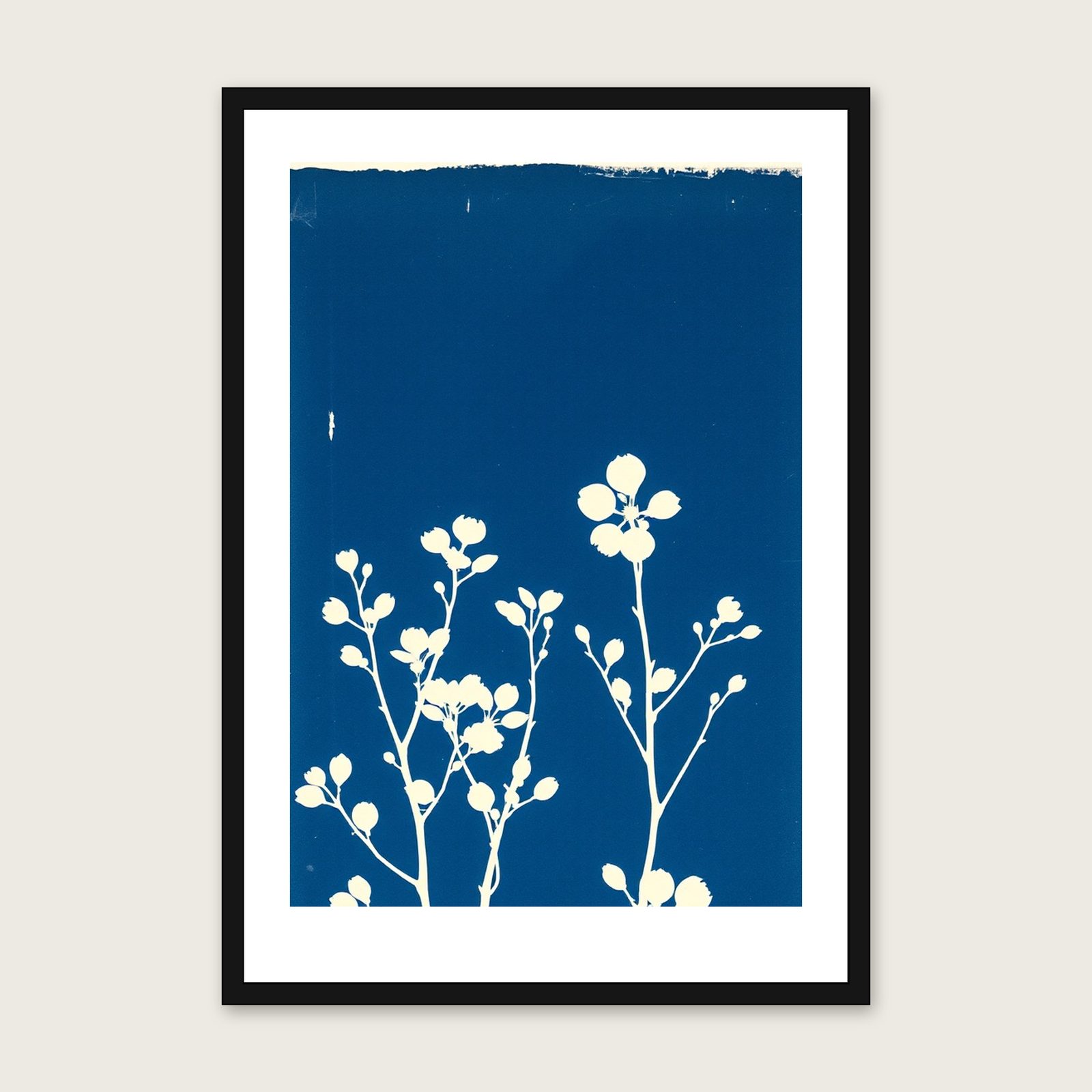 Dogwood Stems in Winter Cyanotype Wall Art - Framed Two Tone Print shown in a black frame