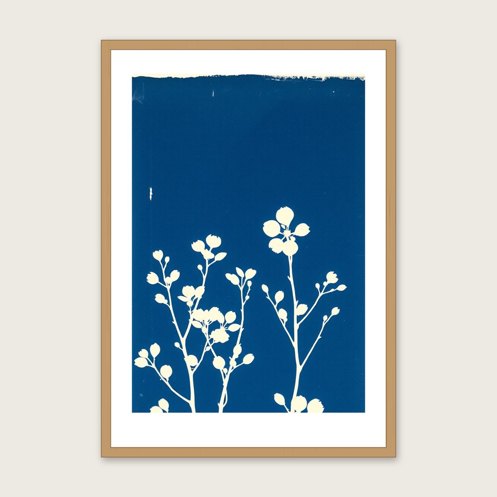 Dogwood Stems in Winter Cyanotype Wall Art - Framed Two Tone Print - Oak Frame, A3
