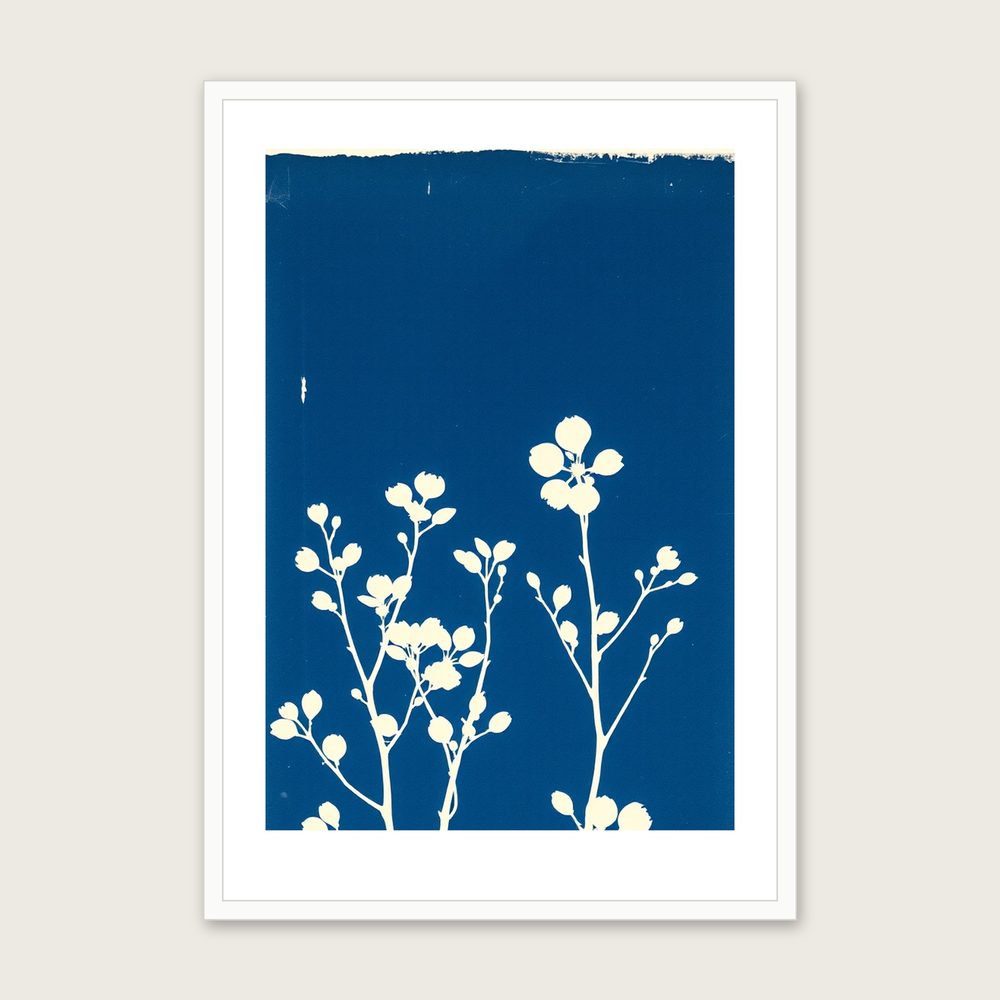 Dogwood Stems in Winter Cyanotype Wall Art - Framed Two Tone Print - White Frame, A3