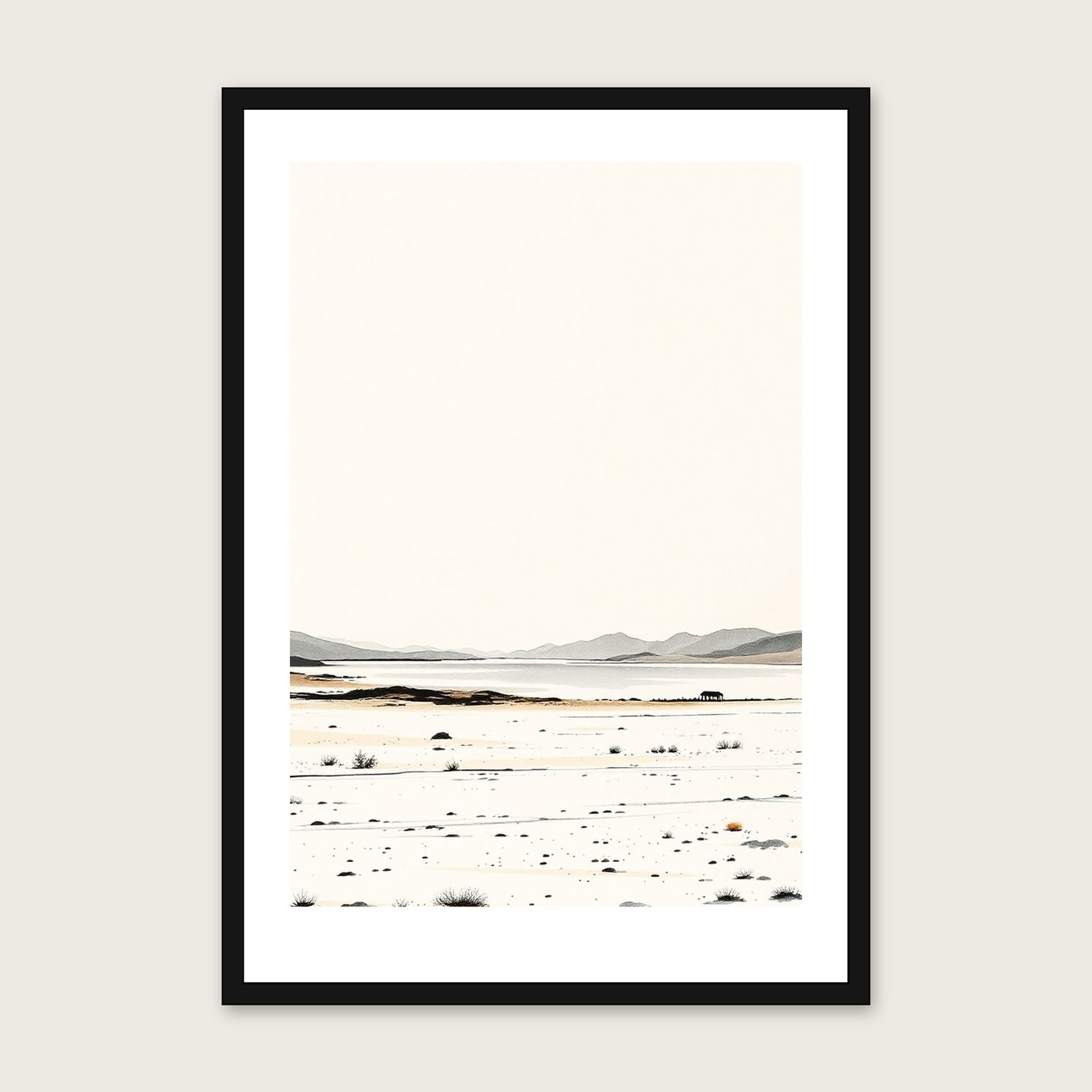 Bala Lake Ink Wash Print - Framed Neutral & Beige Landscape Wall Art shown in a black frame