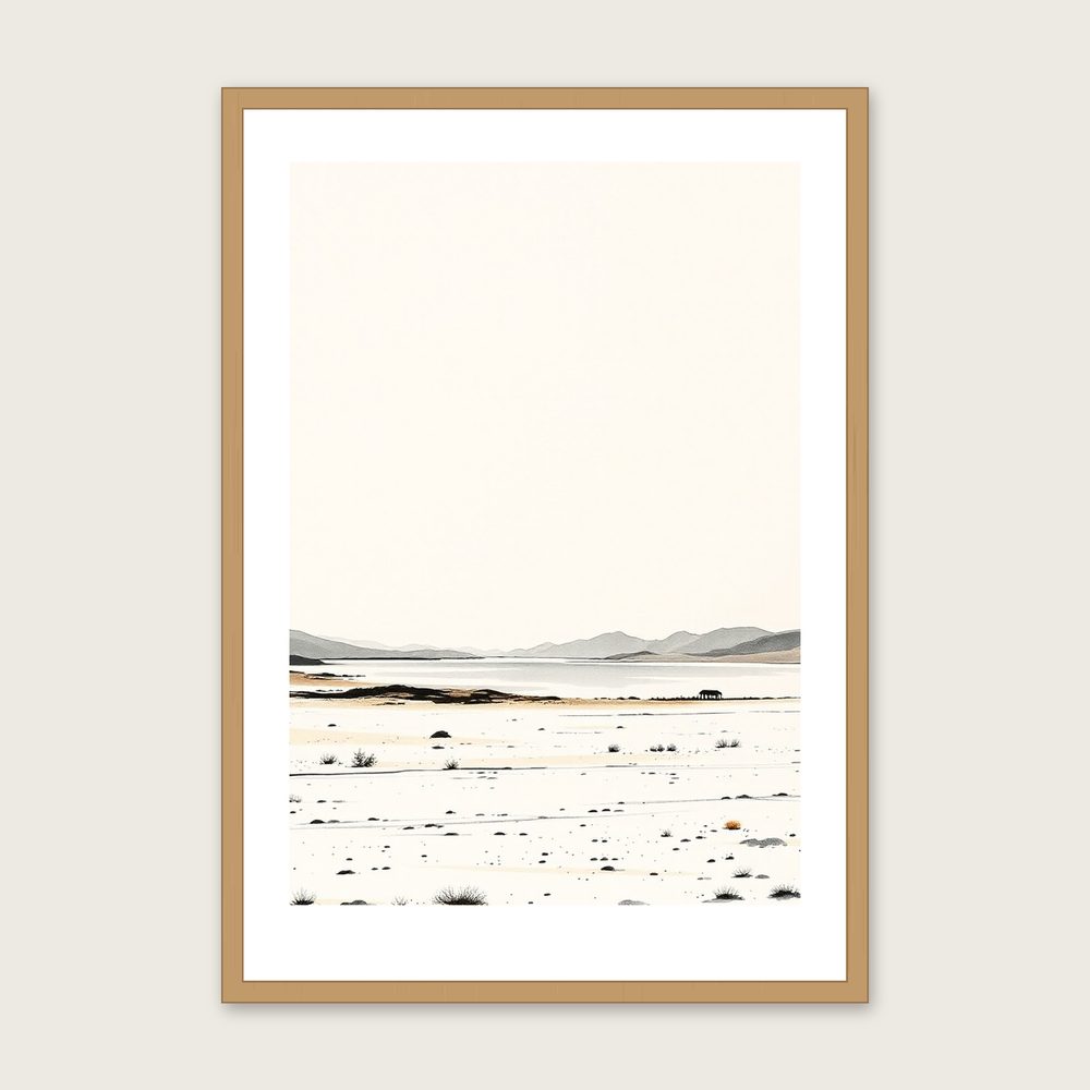 Bala Lake Ink Wash Print - Framed Neutral & Beige Landscape Wall Art in a oak frame