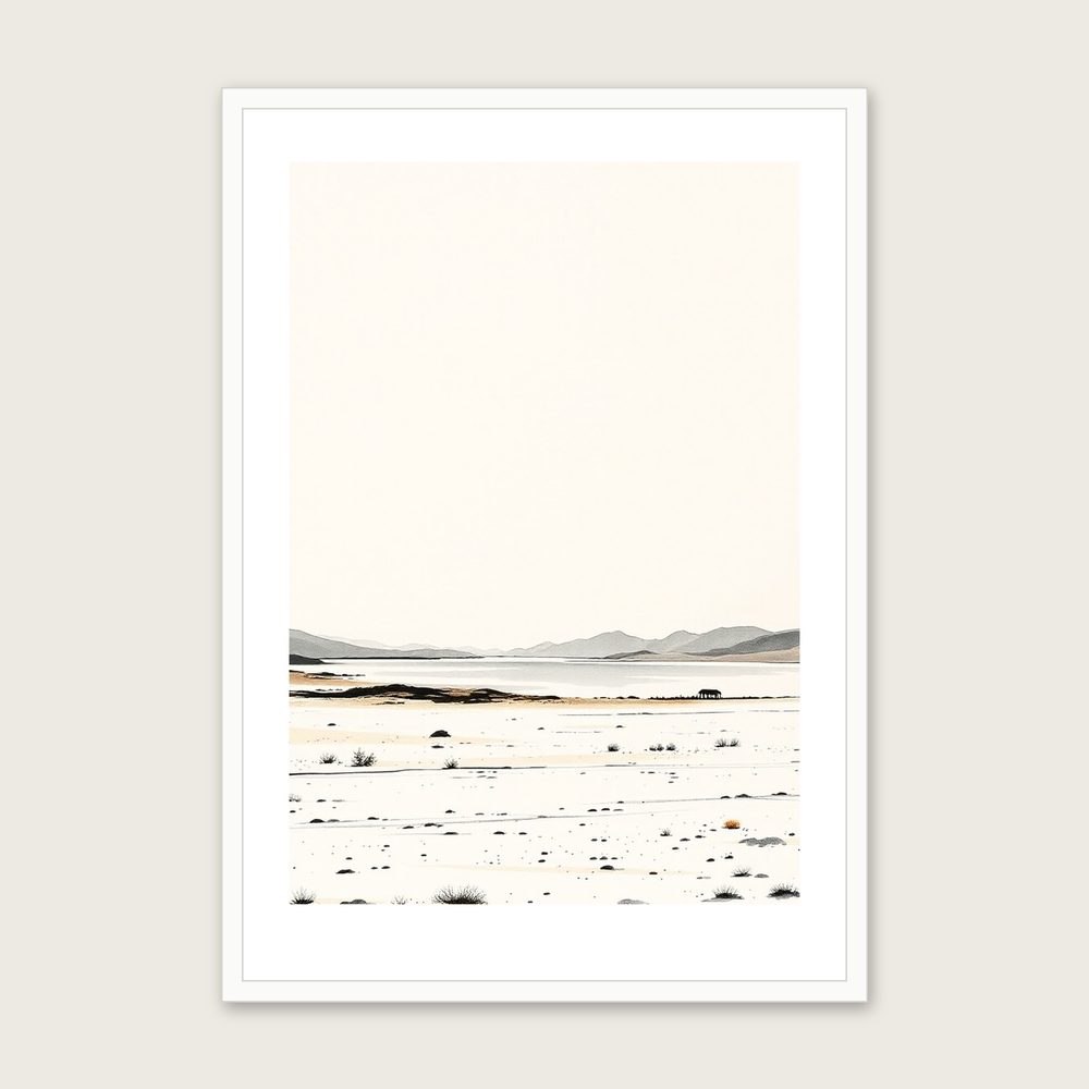Bala Lake Ink Wash Print - Framed Neutral & Beige Landscape Wall Art in a white frame