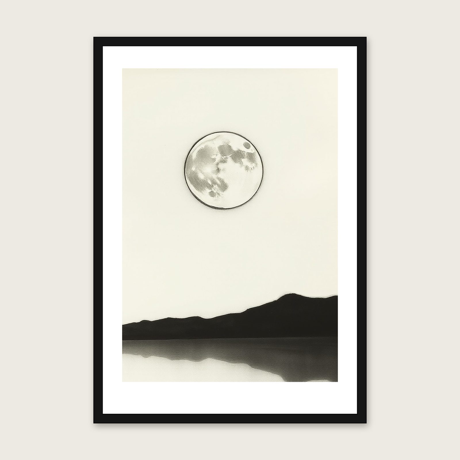 The Moon Reflected in a Still Lake - Framed Charcoal Celestial Print in Black & White shown in a black frame