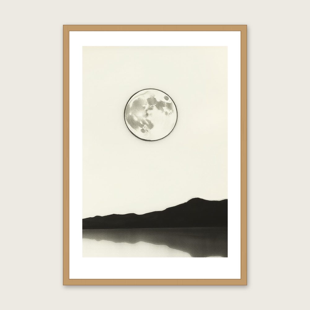 The Moon Reflected in a Still Lake - Framed Charcoal Celestial Print in Black & White - Oak Frame, A3