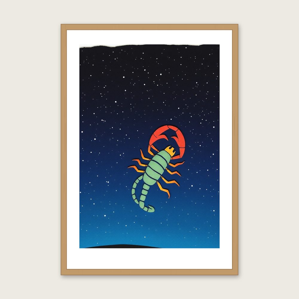 Framed Collage Print of The Constellation Scorpius - Colourful Celestial Wall Art in a oak frame