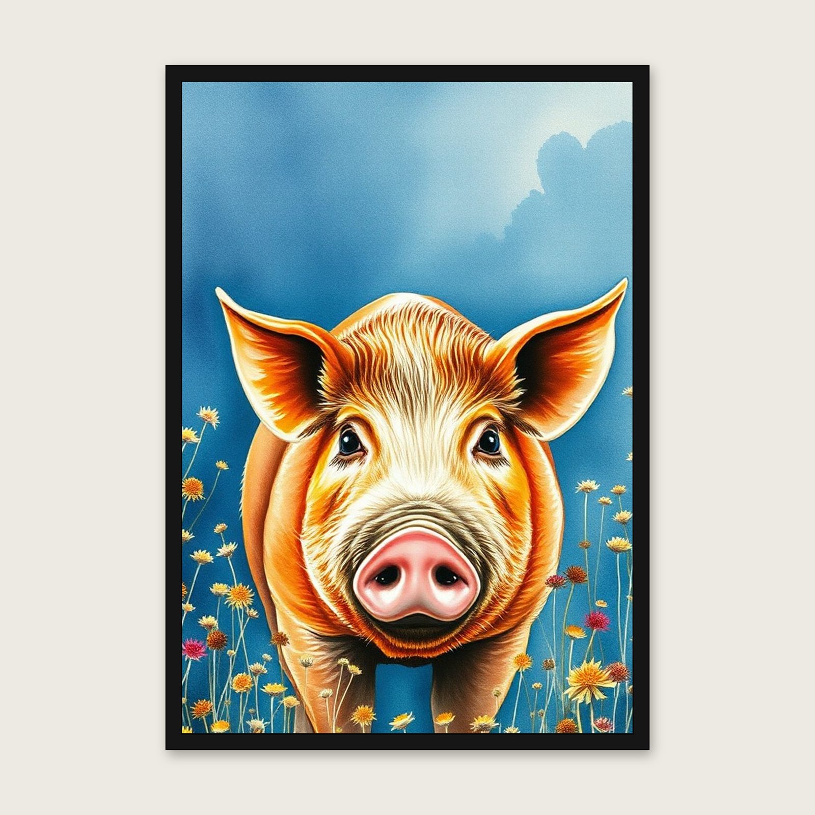 Tamworth Pig - Framed Watercolour Animal Print in Bold Colour shown in a black frame