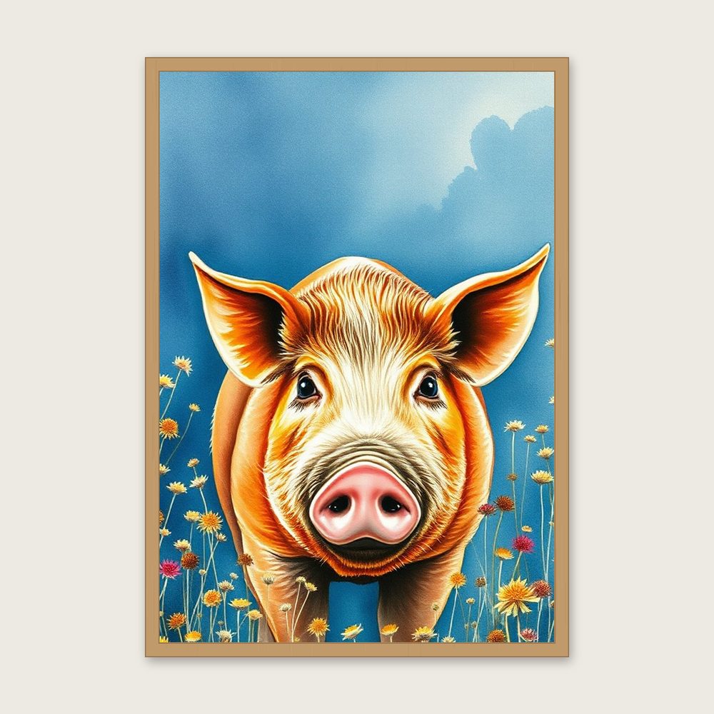Tamworth Pig - Framed Watercolour Animal Print in Bold Colour - Oak Frame, A3