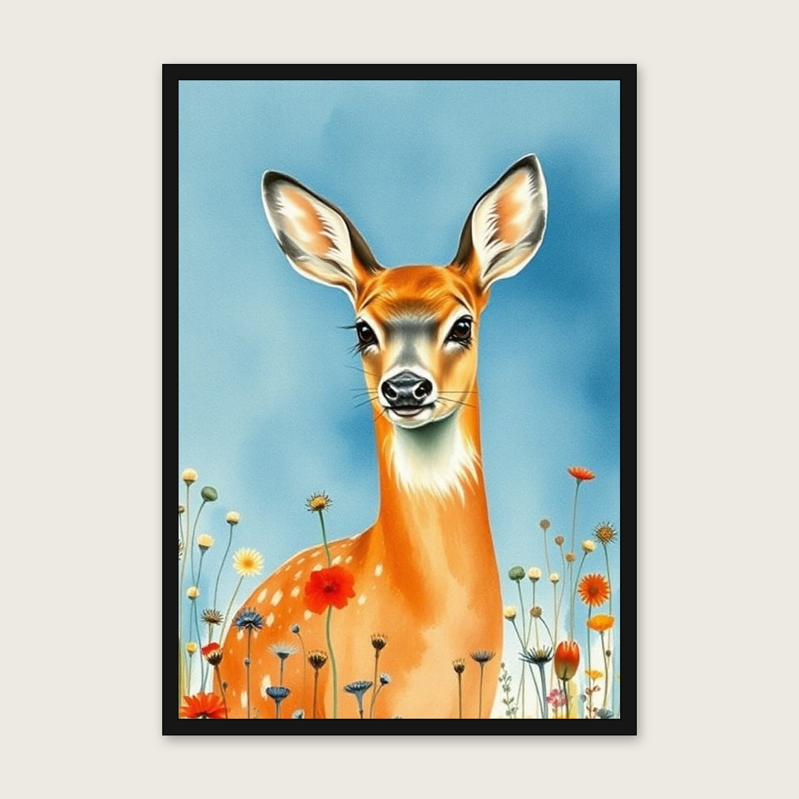Roe Deer Watercolour Print - Framed Bold Colour Animal Wall Art shown in a black frame