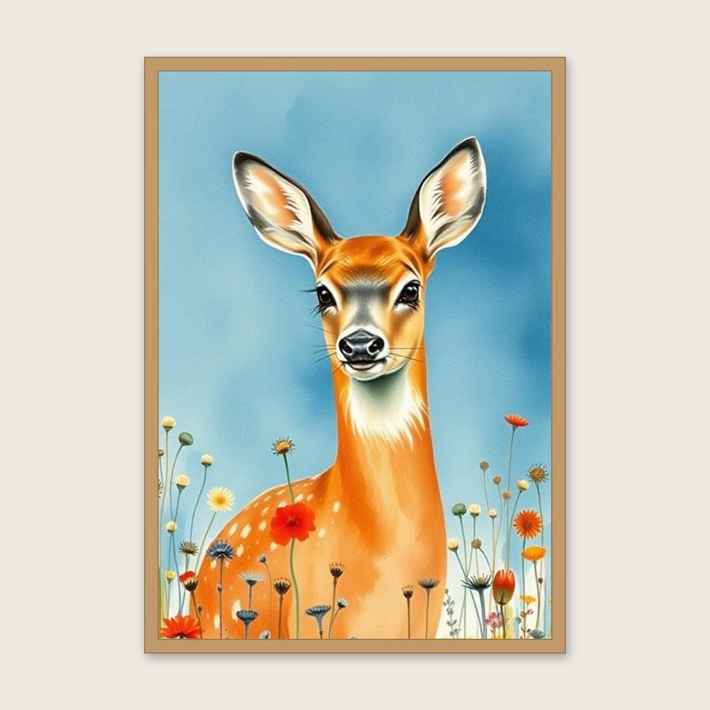 Roe Deer Watercolour Print - Framed Bold Colour Animal Wall Art - Oak Frame, A3