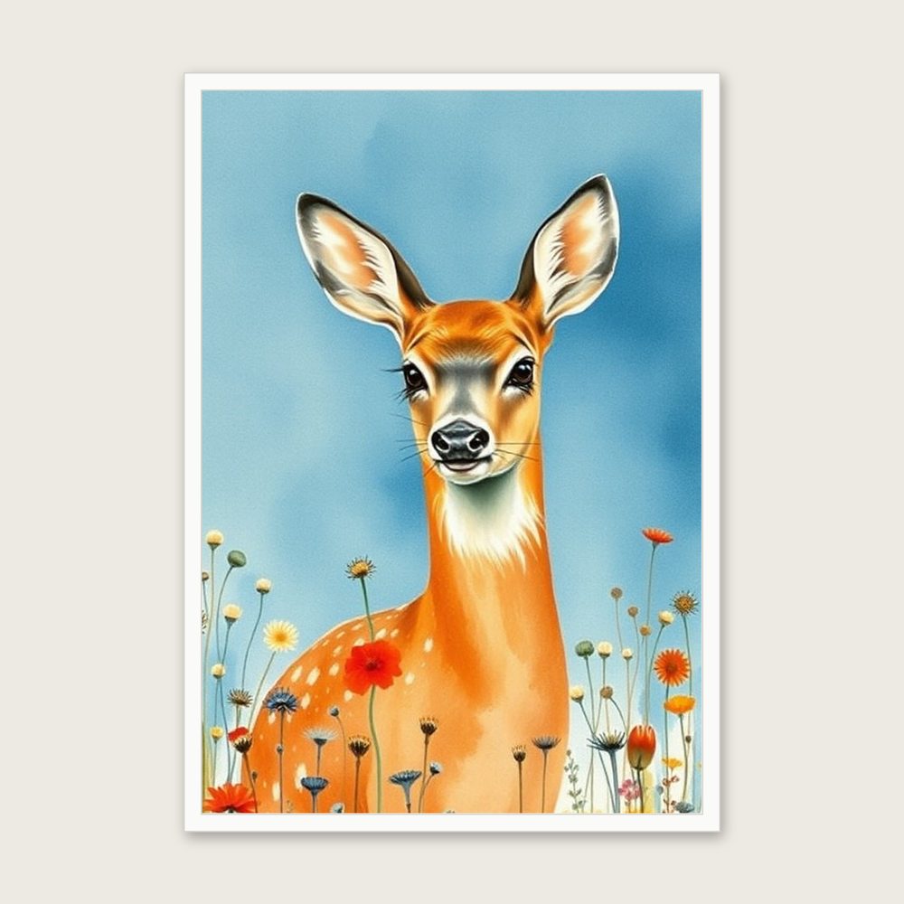 Roe Deer Watercolour Print - Framed Bold Colour Animal Wall Art - White Frame, A3