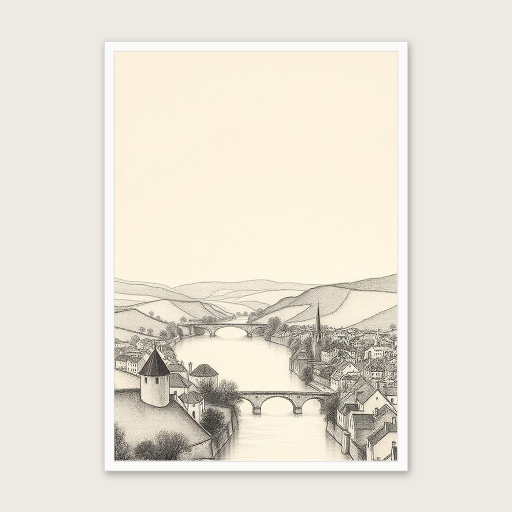 Framed Charcoal Print of The River Dart - Black & White Landscape Wall Art - White Frame, A3