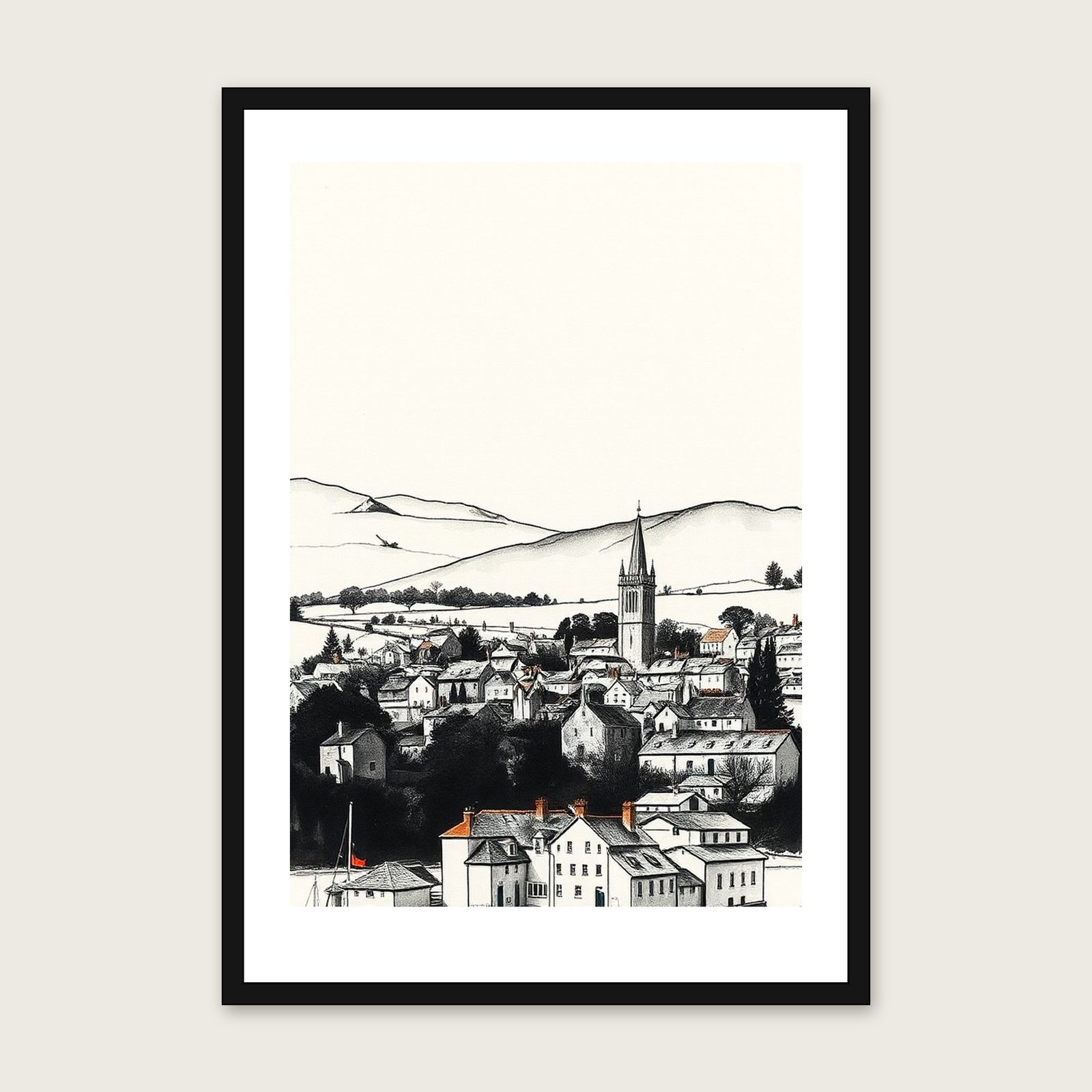 The Lake District - Framed Ink Wash Landscape Print in Neutral & Beige shown in a black frame