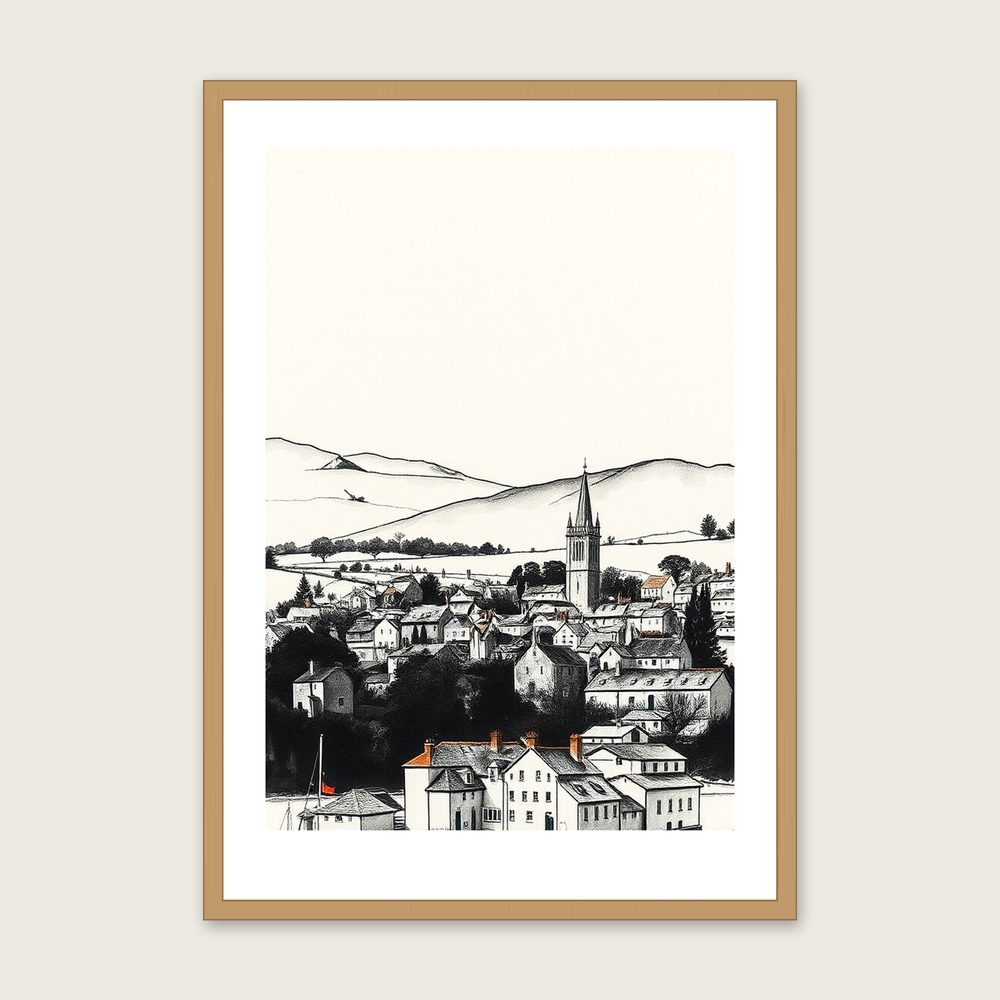 The Lake District - Framed Ink Wash Landscape Print in Neutral & Beige in a oak frame