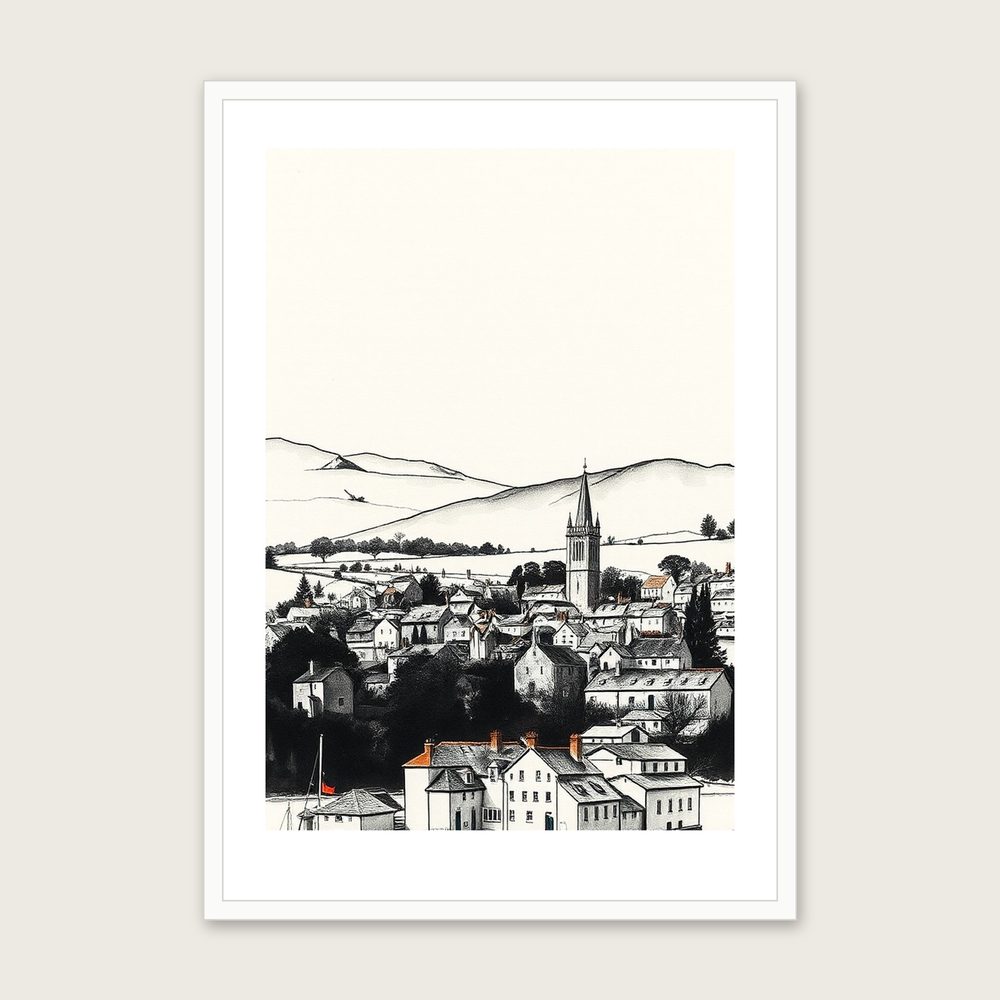 The Lake District - Framed Ink Wash Landscape Print in Neutral & Beige - White Frame, A3