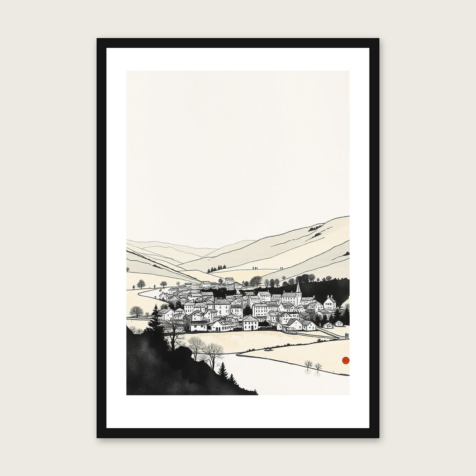 Haweswater Landscape Wall Art - Framed Neutral & Beige Ink Wash Print shown in a black frame