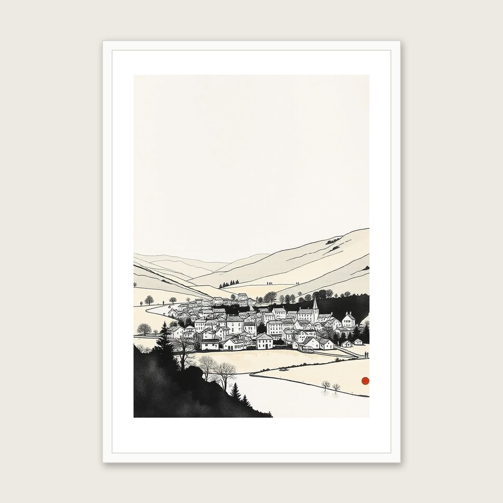 Haweswater Landscape Wall Art - Framed Neutral & Beige Ink Wash Print in a white frame