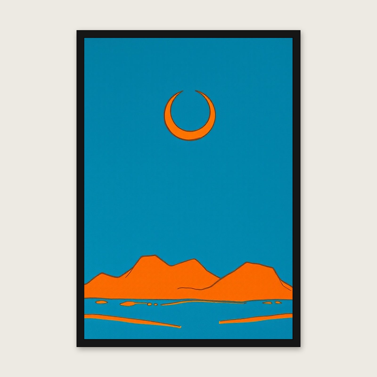A Crescent Moon and the Evening Star Celestial Wall Art - Framed Bold Colour Gouache Print shown in a black frame