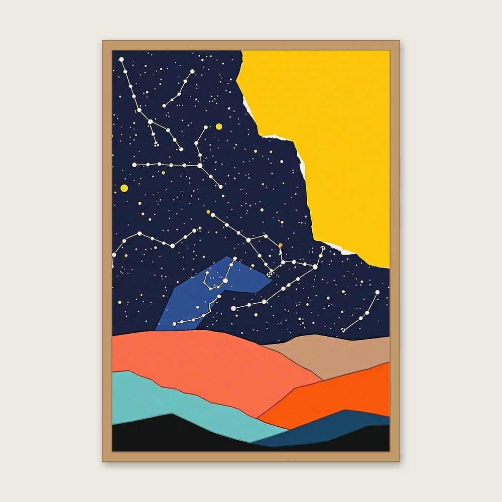 The Constellation Perseus Collage Print - Framed Colourful Celestial Wall Art in a oak frame
