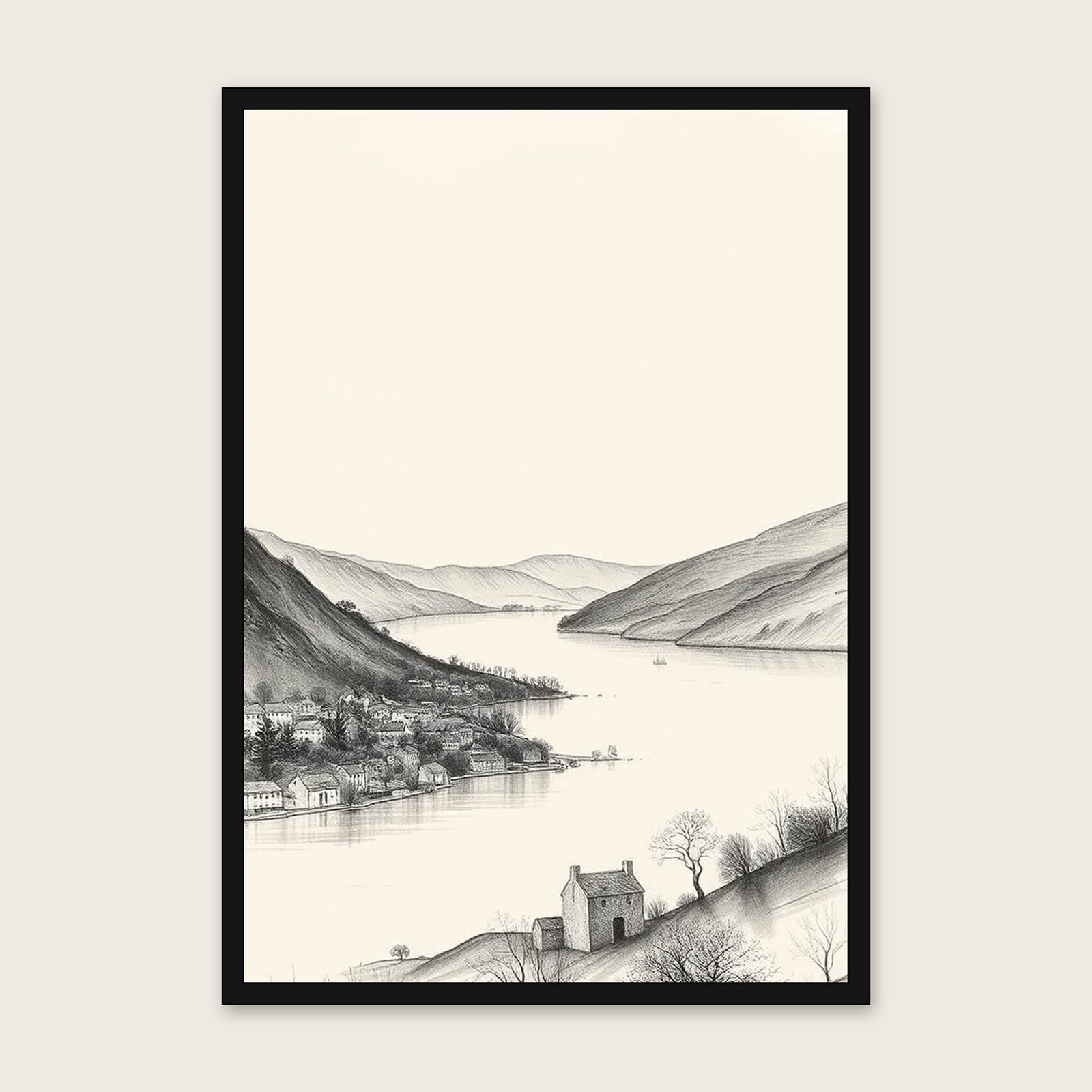 Ullswater Charcoal Print - Framed Black & White Landscape Wall Art shown in a black frame