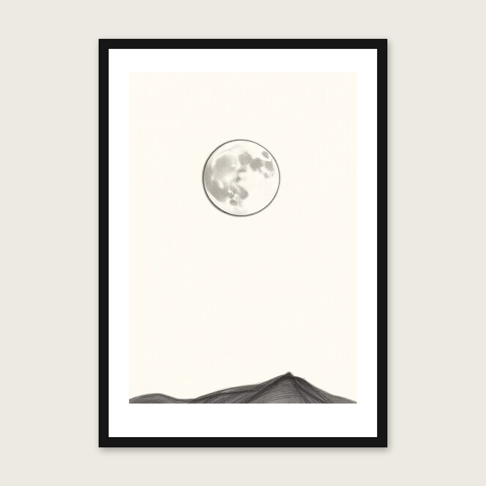 Framed Pencil Sketch Print of A Waning Gibbous Moon - Neutral & Beige Celestial Wall Art shown in a black frame