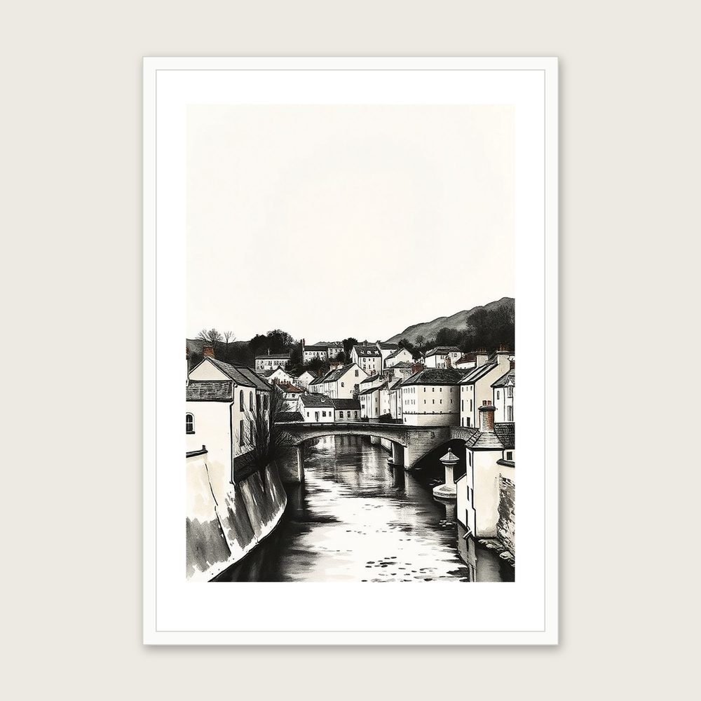 The River Wye at Symonds Yat Ink Wash Print - Framed Neutral & Beige Landscape Wall Art in a white frame