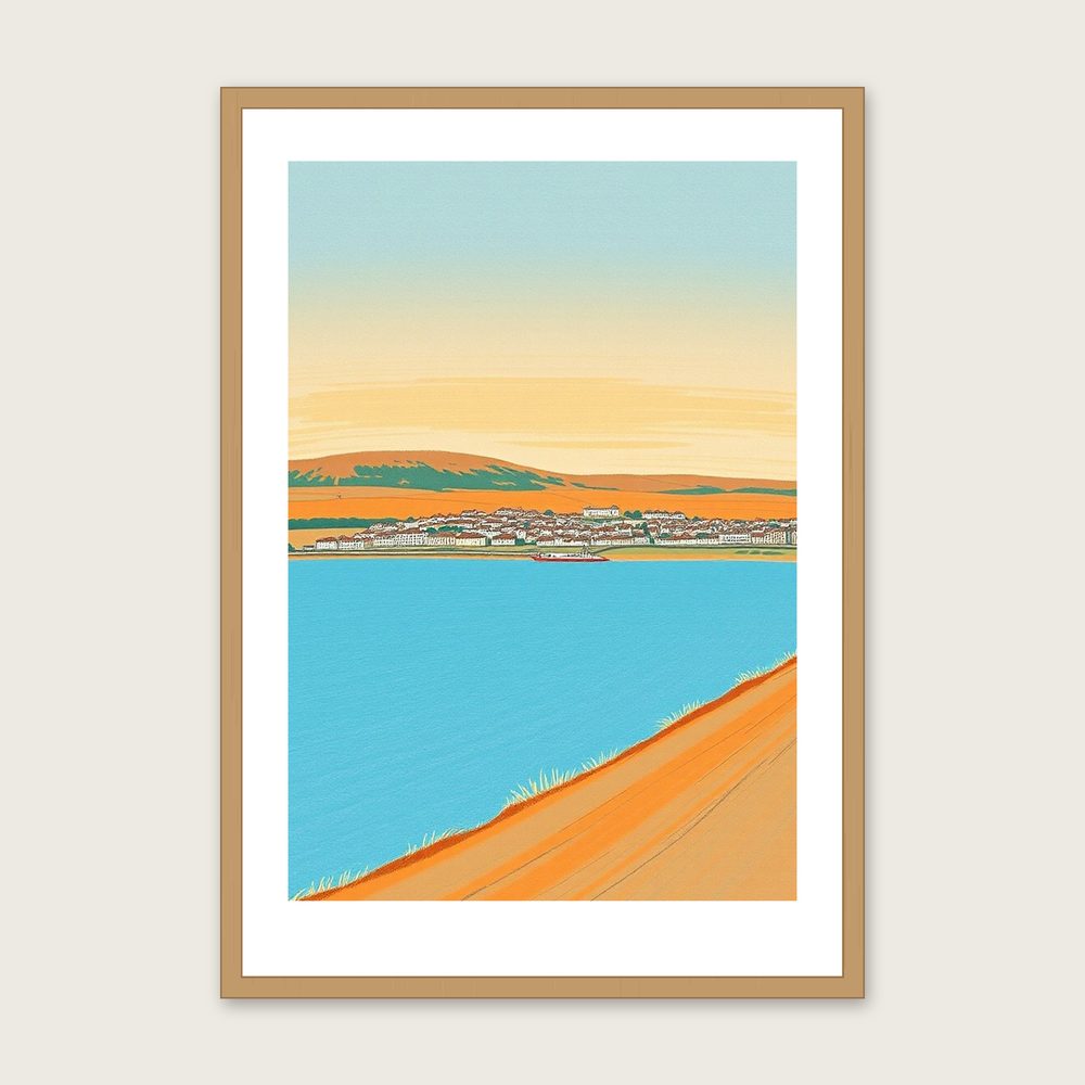 Framed Pastel Print of Northumberland National Park - Bold Colour Landscape Wall Art - Oak Frame, A3