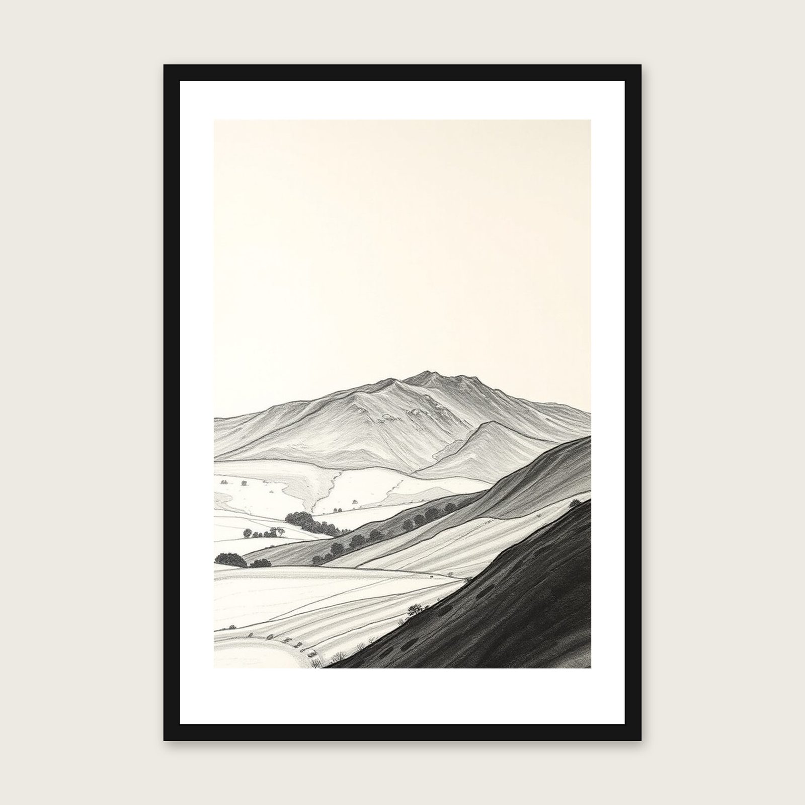 Framed Charcoal Print of The Peak District - Black & White Landscape Wall Art shown in a black frame