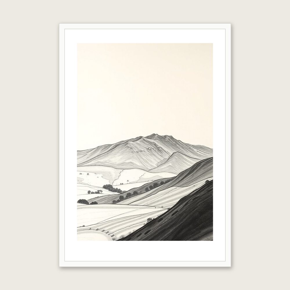 Framed Charcoal Print of The Peak District - Black & White Landscape Wall Art - White Frame, A3