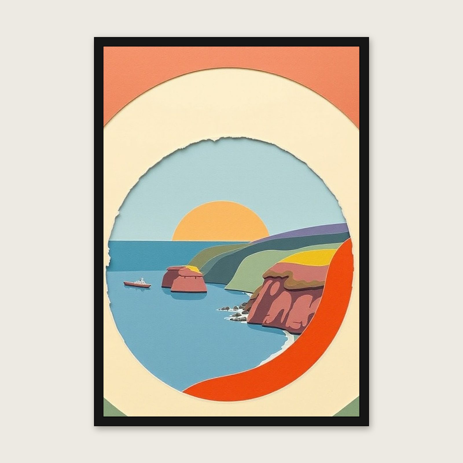 The Pembrokeshire Coast Landscape Wall Art - Framed Colourful Collage Print shown in a black frame