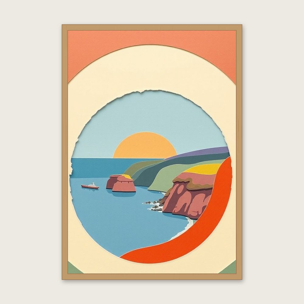 The Pembrokeshire Coast Landscape Wall Art - Framed Colourful Collage Print in a oak frame