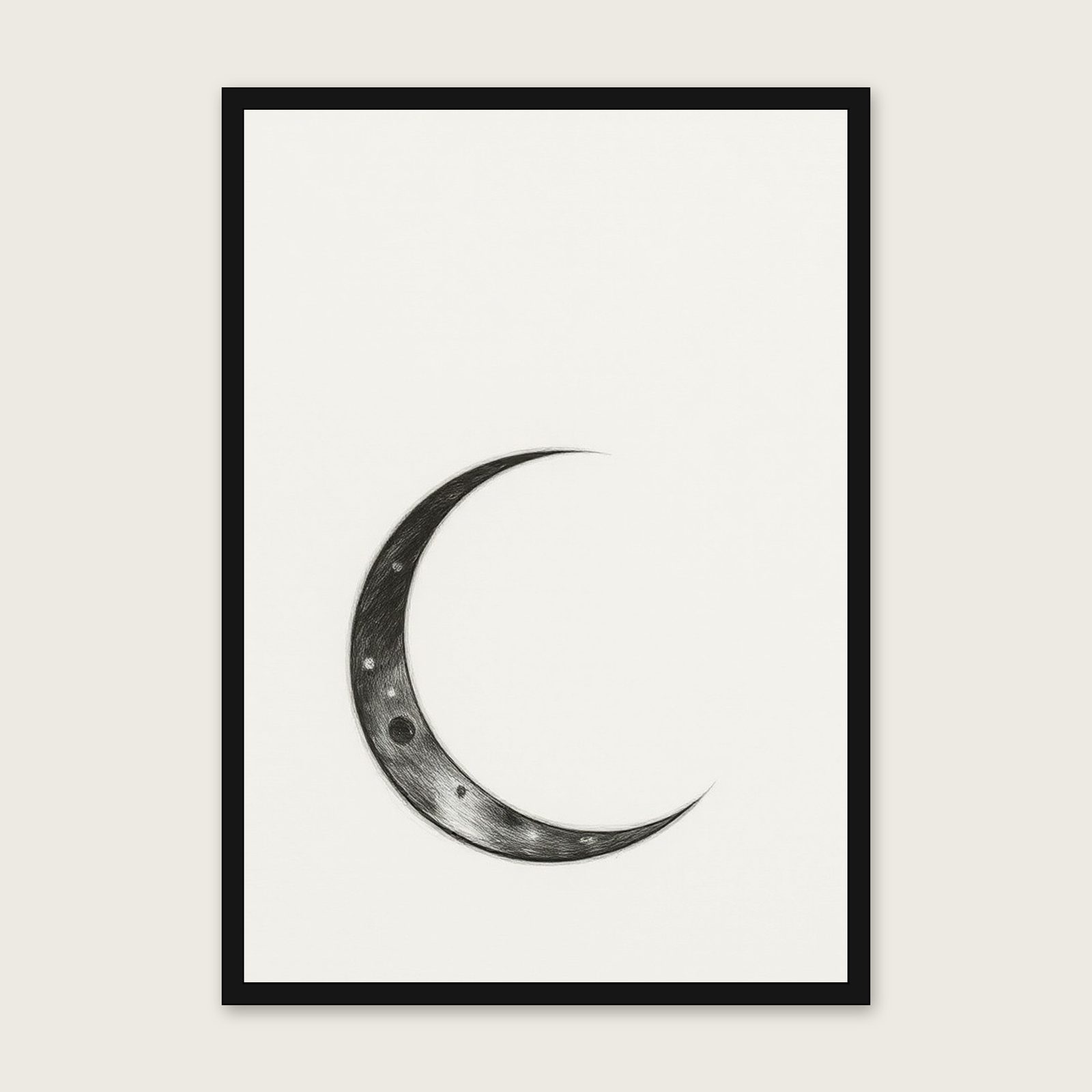 Framed Charcoal Print of A Waning Crescent Moon - Black & White Celestial Wall Art shown in a black frame